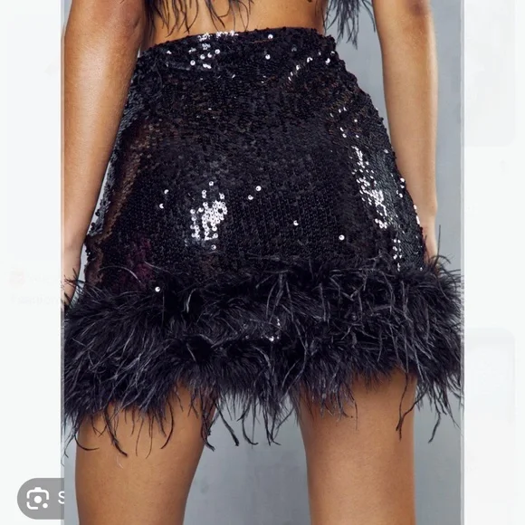 Miss Lola Black feather trim sequin skirt - Picture 9 of 14